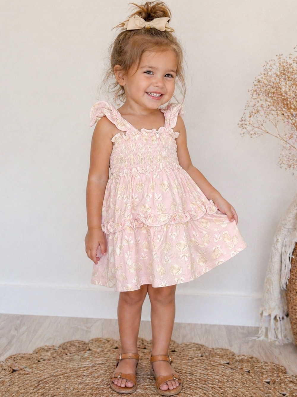 Milkberry Pink Seashell Smocked Dress 24M Ruffle Tiered Beach Summer Baby Girl